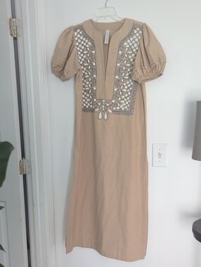 Beige Embellished Midi Dress with Puff Sleeves
